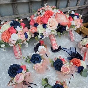 12 PC Blue,Coral,Ivory, Light Rose Wedding Bouquet Set Lace And Bling